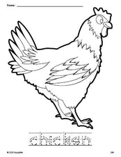 Free printable chicken coloring page and word tracing worksheet, letter formation guides, perfect for preschool, pre-k, and kindergarten, PDF