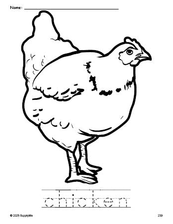 Free printable chicken coloring page and word tracing worksheet, perfect for preschool, pre-k, and kindergarten, PDF