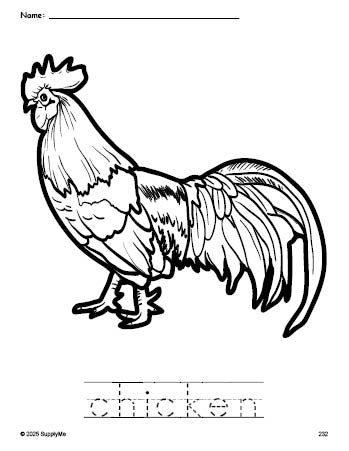 Free printable chicken coloring page and word tracing worksheet, perfect for preschool, pre-k, and kindergarten, PDF