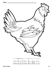 Free printable chicken coloring page and word tracing worksheet, perfect for preschool, pre-k, and kindergarten, PDF