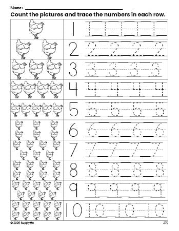 Free printable chicken counting worksheet for preschool and pre-k with number tracing practice 1-10, PDF