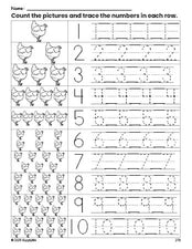 Free printable chicken counting worksheet for preschool and pre-k with number tracing practice 1-10, PDF