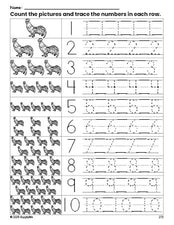 Free printable chicken counting worksheet for preschool and pre-k with number tracing practice 1-10, PDF