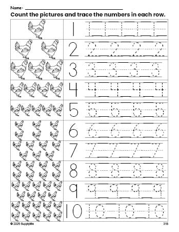 Free printable chicken counting worksheet for preschool and pre-k with number tracing practice 1-10, PDF