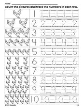 Free printable chicken counting worksheet for preschool and pre-k with number tracing practice 1-10, PDF