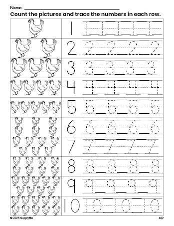 Free printable chicken counting worksheet for preschool and pre-k with number tracing practice 1-10, PDF