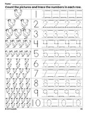 Free printable chicken counting worksheet for preschool and pre-k with number tracing practice 1-10, PDF