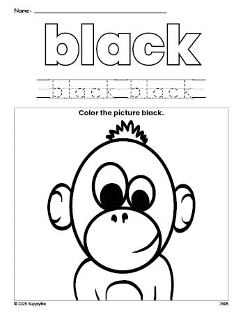 Free chimpanzee color black coloring page and color worksheet, black worksheet for preschoolers to learn colors, printable PDF