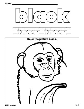 Free chimpanzee color black coloring page and color worksheet, black worksheet for preschoolers to learn colors, printable PDF