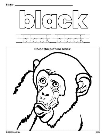 Free chimpanzee color black coloring page and color worksheet, black worksheet for preschoolers to learn colors, printable PDF