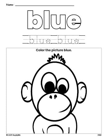 Free chimpanzee color blue coloring page and color worksheet, blue worksheet for preschoolers to learn colors, printable PDF