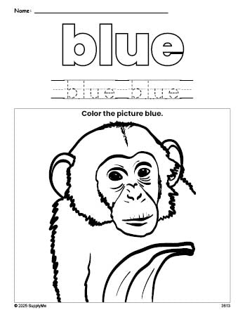 Free chimpanzee color blue coloring page and color worksheet, blue worksheet for preschoolers to learn colors, printable PDF