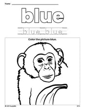 Free chimpanzee color blue coloring page and color worksheet, blue worksheet for preschoolers to learn colors, printable PDF