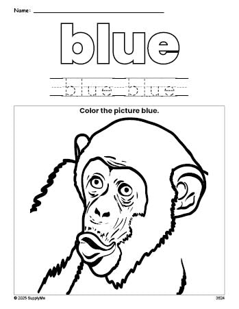 Free chimpanzee color blue coloring page and color worksheet, blue worksheet for preschoolers to learn colors, printable PDF