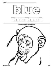 Free chimpanzee color blue coloring page and color worksheet, blue worksheet for preschoolers to learn colors, printable PDF