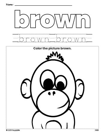 Free chimpanzee color brown coloring page and color worksheet, brown worksheet for preschoolers to learn colors, printable PDF