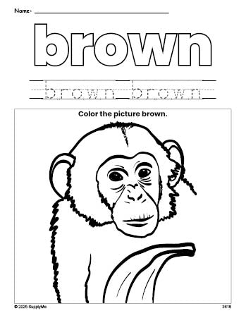 Free chimpanzee color brown coloring page and color worksheet, brown worksheet for preschoolers to learn colors, printable PDF