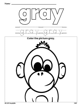 Free chimpanzee color gray coloring page and color worksheet, gray worksheet for preschoolers to learn colors, printable PDF