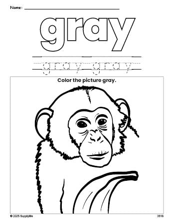 Free chimpanzee color gray coloring page and color worksheet, gray worksheet for preschoolers to learn colors, printable PDF