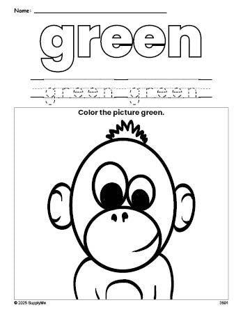 Free chimpanzee color green coloring page and color worksheet, green worksheet for preschoolers to learn colors, printable PDF