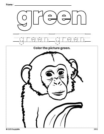 Free chimpanzee color green coloring page and color worksheet, green worksheet for preschoolers to learn colors, printable PDF