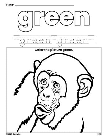 Free chimpanzee color green coloring page and color worksheet, green worksheet for preschoolers to learn colors, printable PDF