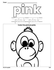 Free chimpanzee color pink coloring page and color worksheet, pink worksheet for preschoolers to learn colors, printable PDF