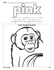 Free chimpanzee color pink coloring page and color worksheet, pink worksheet for preschoolers to learn colors, printable PDF