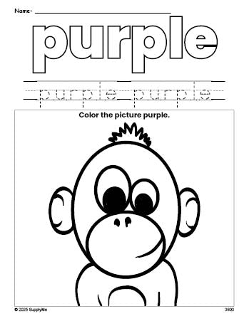 Free chimpanzee color purple coloring page and color worksheet, purple worksheet for preschoolers to learn colors, printable PDF