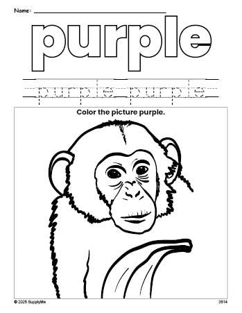 Free chimpanzee color purple coloring page and color worksheet, purple worksheet for preschoolers to learn colors, printable PDF