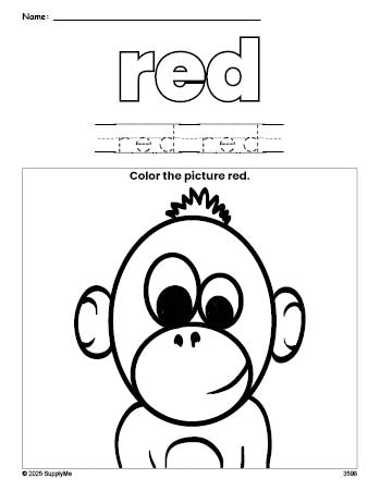 Free chimpanzee color red coloring page and color worksheet, red worksheet for preschoolers to learn colors, printable PDF