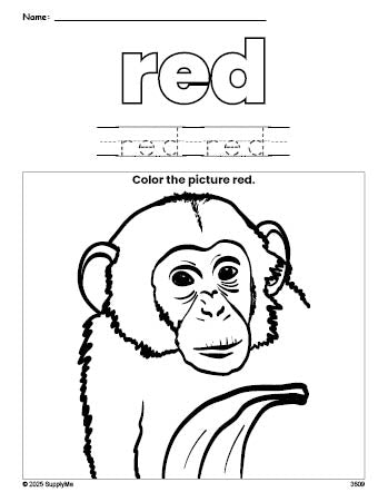 Free chimpanzee color red coloring page and color worksheet, red worksheet for preschoolers to learn colors, printable PDF