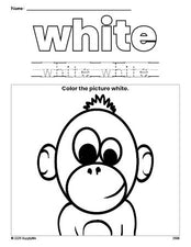 Free chimpanzee color white coloring page and color worksheet, white worksheet for preschoolers to learn colors, printable PDF