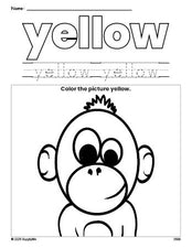 Free chimpanzee color yellow coloring page and color worksheet, yellow worksheet for preschoolers to learn colors, printable PDF