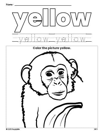 Free chimpanzee color yellow coloring page and color worksheet, yellow worksheet for preschoolers to learn colors, printable PDF