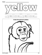 Free chimpanzee color yellow coloring page and color worksheet, yellow worksheet for preschoolers to learn colors, printable PDF