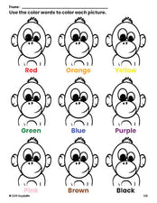 Free chimpanzee coloring page and color worksheet for preschoolers to learn colors, printable PDF