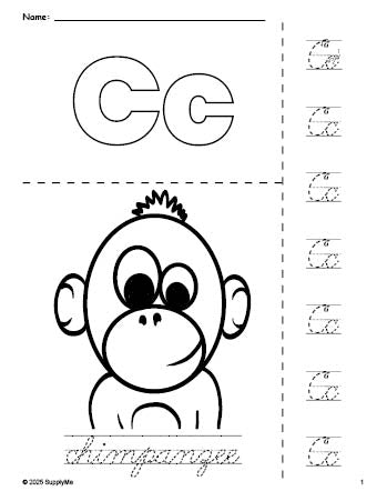 Free printable chimpanzee coloring page and cursive letter tracing worksheet, letter c worksheet for preschool, pre-k, and kindergarten, PDF