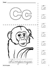 Free printable chimpanzee coloring page and cursive letter tracing worksheet, letter c worksheet for preschool, pre-k, and kindergarten, PDF