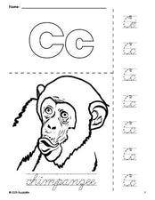 Free printable chimpanzee coloring page and cursive letter tracing worksheet, letter c worksheet for preschool, pre-k, and kindergarten, PDF