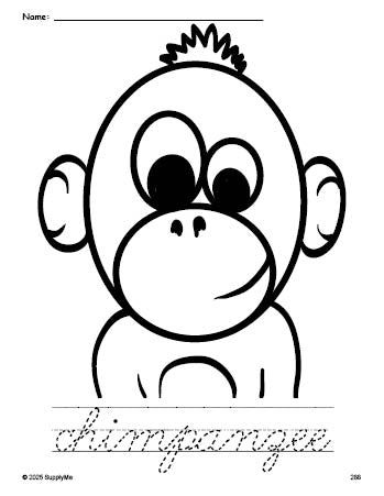 Free printable chimpanzee coloring page and cursive word tracing worksheet, perfect for preschool, pre-k, and kindergarten, PDF