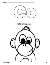 Free printable chimpanzee coloring page, letter c coloring page for preschool, pre-k, and kindergarten, PDF