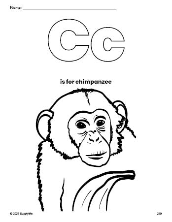 Free printable chimpanzee coloring page, letter c coloring page for preschool, pre-k, and kindergarten, PDF