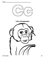 Free printable chimpanzee coloring page, letter c coloring page for preschool, pre-k, and kindergarten, PDF