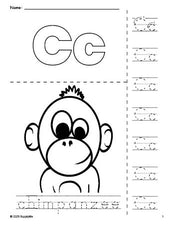 Free printable chimpanzee coloring page and letter tracing worksheet, letter c worksheet for preschool, pre-k, and kindergarten, PDF