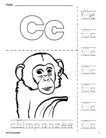 Free printable chimpanzee coloring page and letter tracing worksheet, letter c worksheet for preschool, pre-k, and kindergarten, PDF