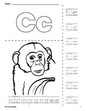 Free printable chimpanzee coloring page and letter tracing worksheet, letter c worksheet for preschool, pre-k, and kindergarten, PDF