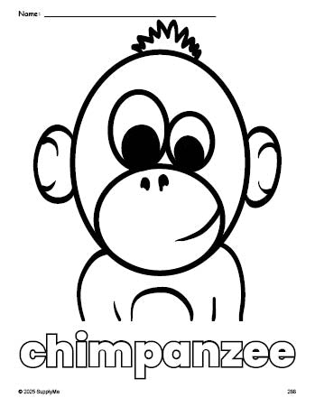 Free printable chimpanzee coloring page for preschool, pre-k, and kindergarten, PDF