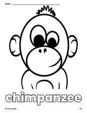 Free printable chimpanzee coloring page for preschool, pre-k, and kindergarten, PDF