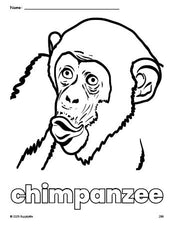 Free printable chimpanzee coloring page for preschool, pre-k, and kindergarten, PDF